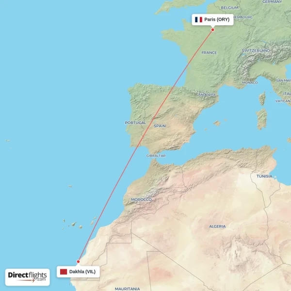 Dakhla - Paris direct flight map