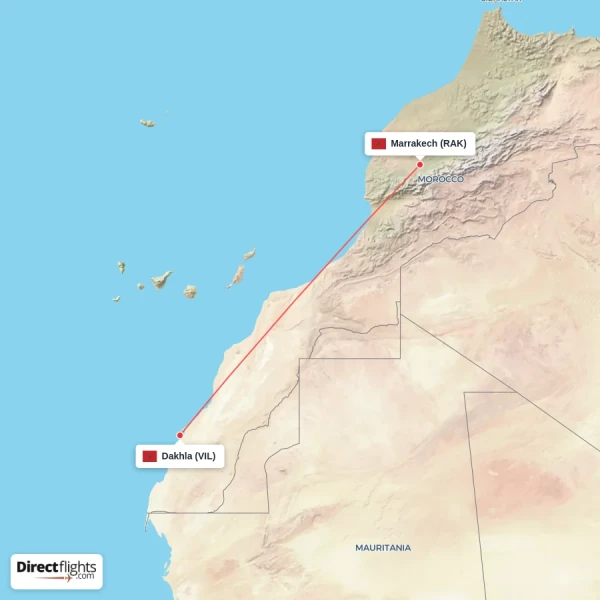 Dakhla - Marrakech direct flight map