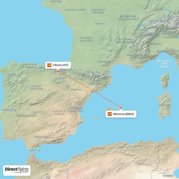 Vitoria - Menorca direct flight map