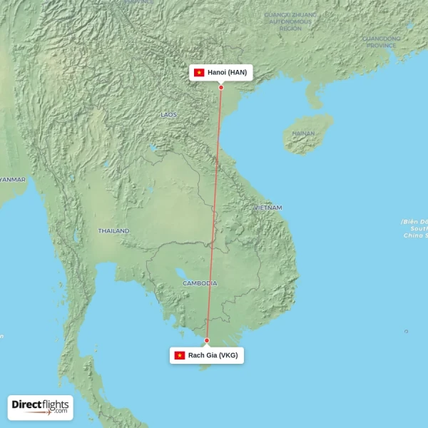 Rach Gia - Hanoi direct flight map