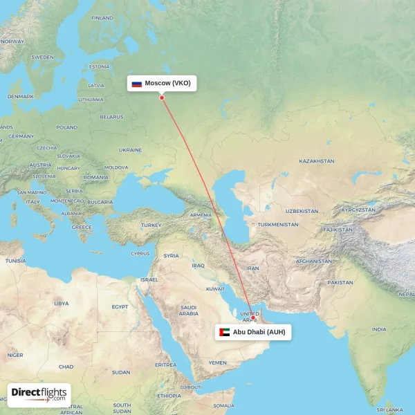 Moscow - Abu Dhabi direct flight map
