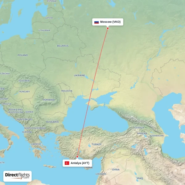 Moscow - Antalya direct flight map