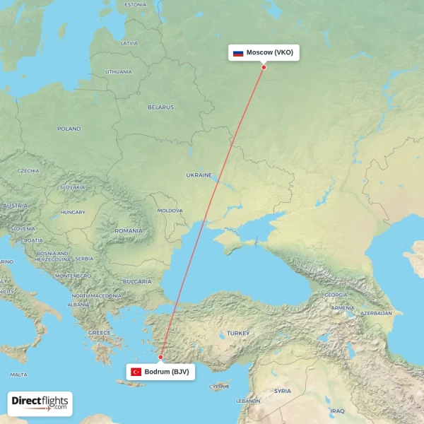 Moscow - Bodrum direct flight map
