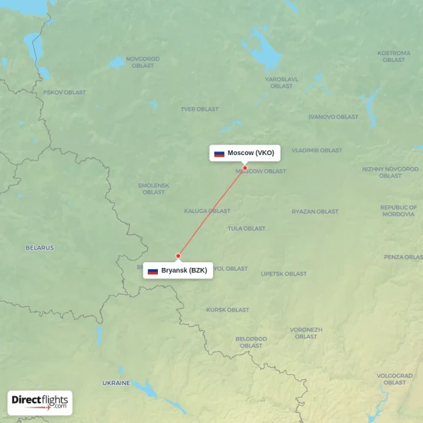 Moscow - Bryansk direct flight map
