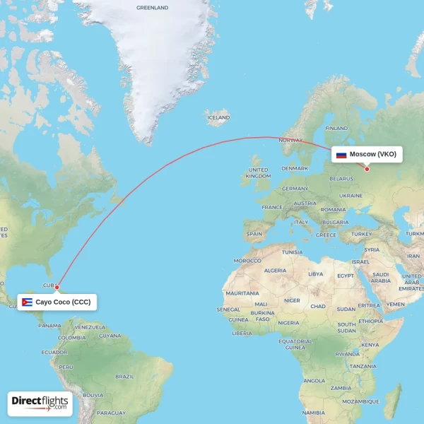 Moscow - Cayo Coco direct flight map