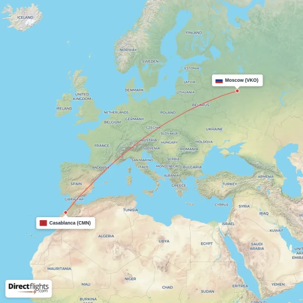Moscow - Casablanca direct flight map
