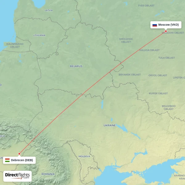 Moscow - Debrecen direct flight map