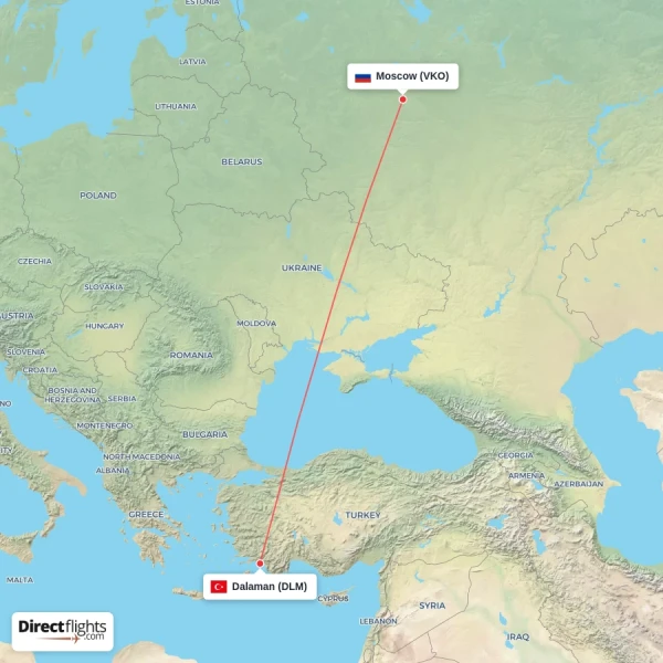 Moscow - Dalaman direct flight map