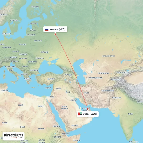 Moscow - Dubai direct flight map