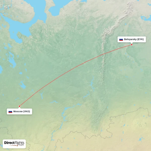 Moscow - Beloyarsky direct flight map