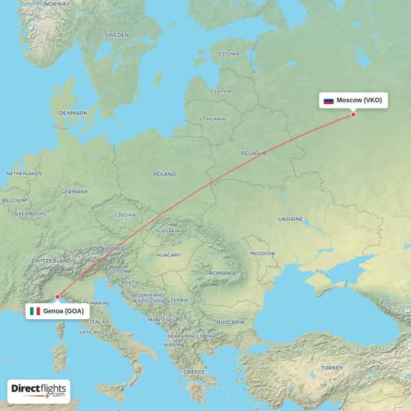 Moscow - Genoa direct flight map