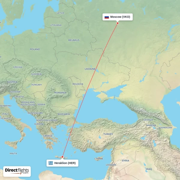 Moscow - Heraklion direct flight map