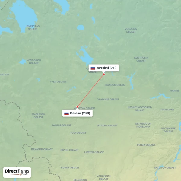 Moscow - Yaroslavl direct flight map