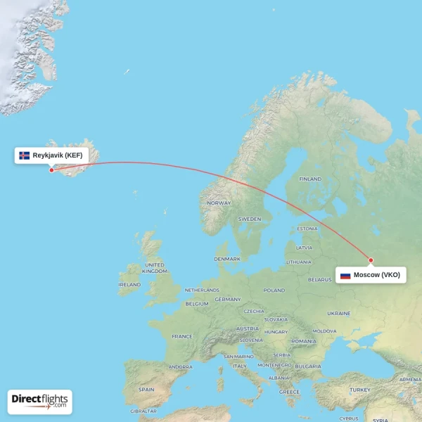 Moscow - Reykjavik direct flight map