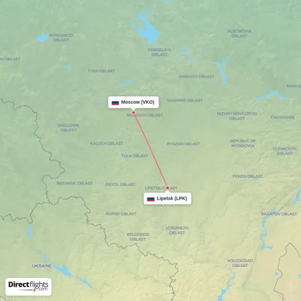 Moscow - Lipetsk direct flight map