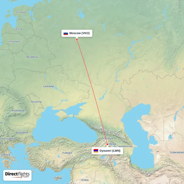 Moscow - Gyoumri direct flight map