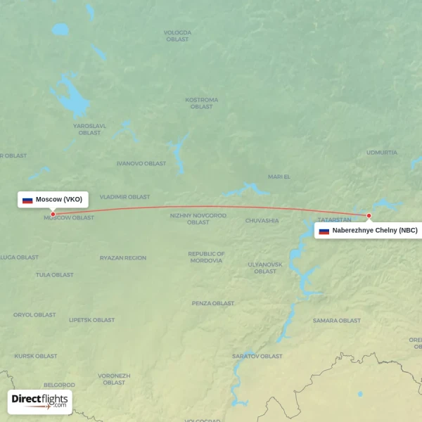 Moscow - Naberezhnye Chelny direct flight map