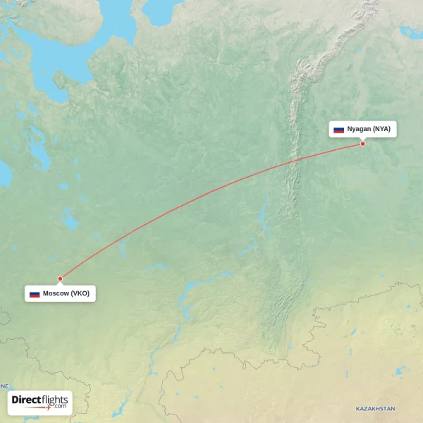 Moscow - Nyagan direct flight map