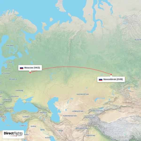 Moscow - Novosibirsk direct flight map