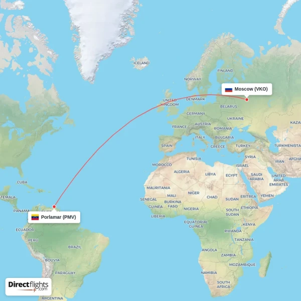 Moscow - Porlamar direct flight map