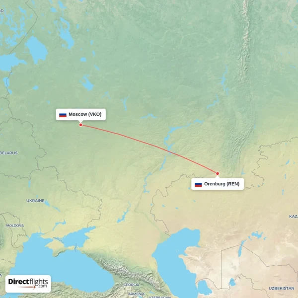 Moscow - Orenburg direct flight map