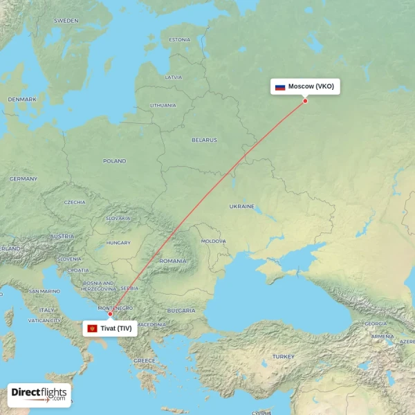 Moscow - Tivat direct flight map