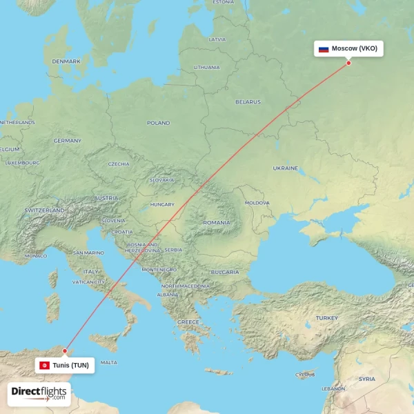 Moscow - Tunis direct flight map