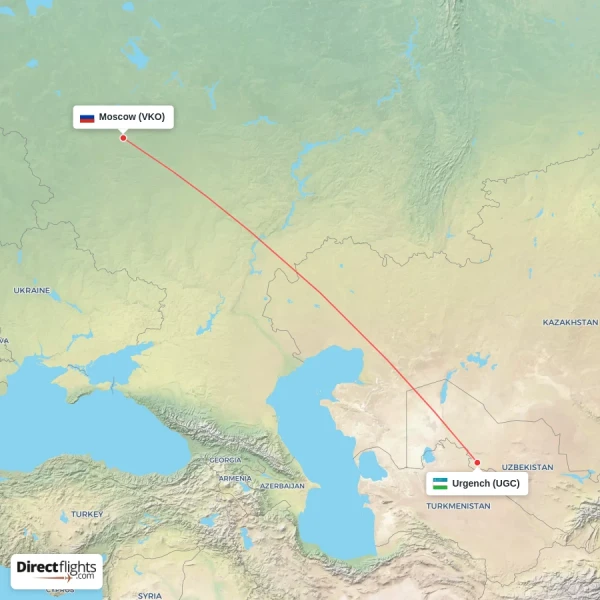 Moscow - Urgench direct flight map