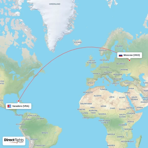 Moscow - Varadero direct flight map