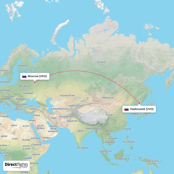 Moscow - Vladivostok direct flight map