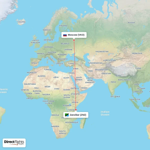 Moscow - Zanzibar direct flight map
