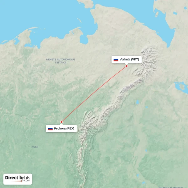 Vorkuta - Pechora direct flight map
