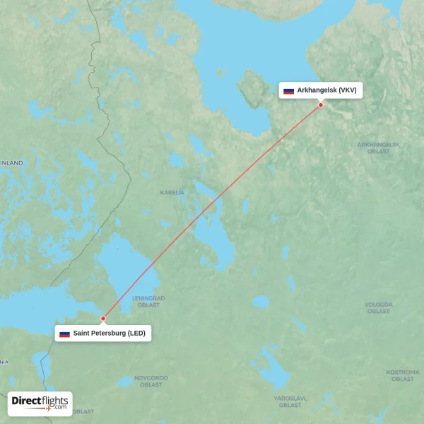 Arkhangelsk - Saint Petersburg direct flight map