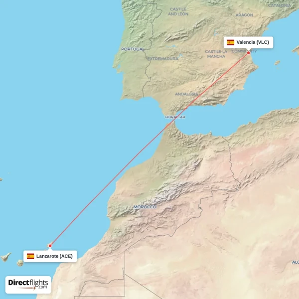 Valencia - Lanzarote direct flight map