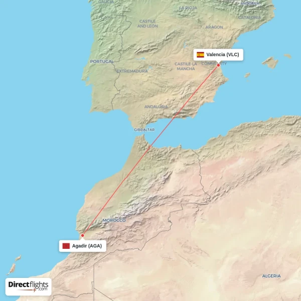Valencia - Agadir direct flight map