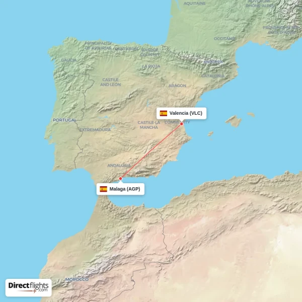 Valencia - Malaga direct flight map