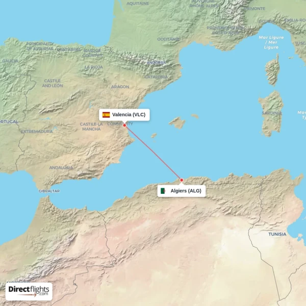 Valencia - Algiers direct flight map