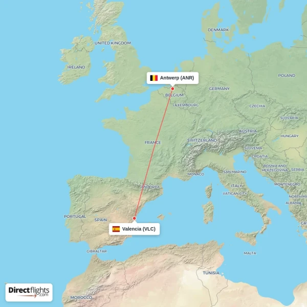 Valencia - Antwerp direct flight map