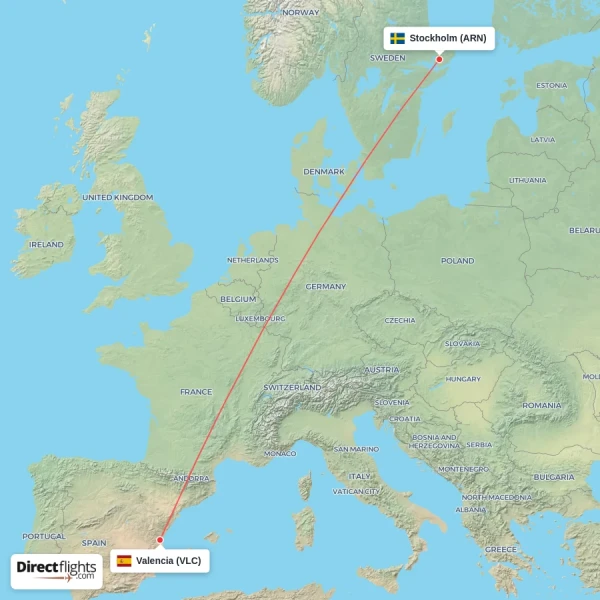 Valencia - Stockholm direct flight map