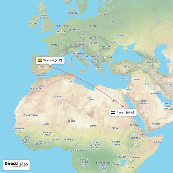Valencia - Aswan direct flight map
