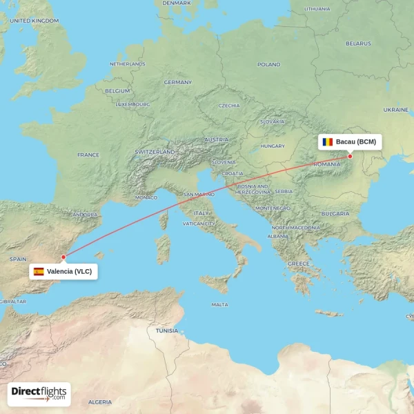 Valencia - Bacau direct flight map