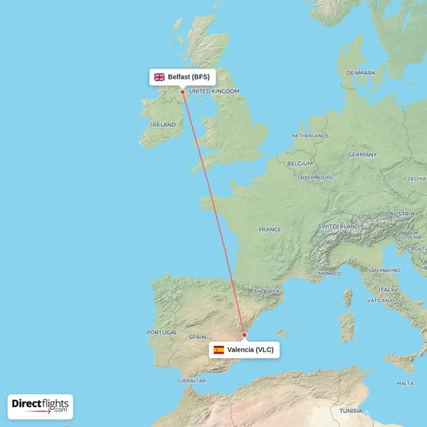 Valencia - Belfast direct flight map