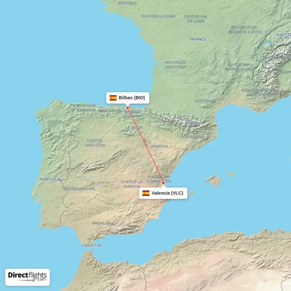 Valencia - Bilbao direct flight map