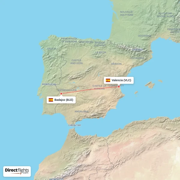 Valencia - Badajoz direct flight map