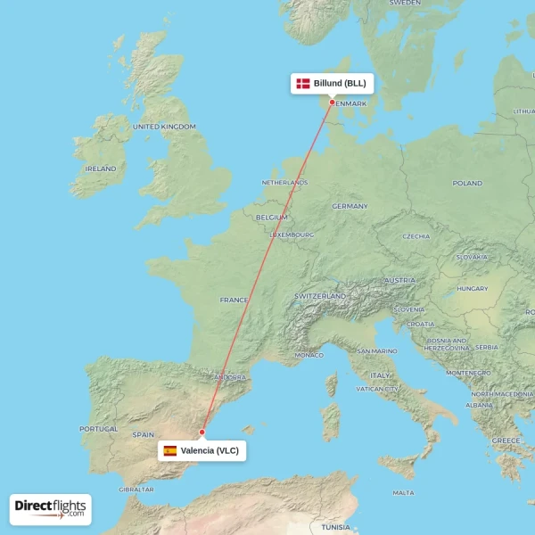 Valencia - Billund direct flight map