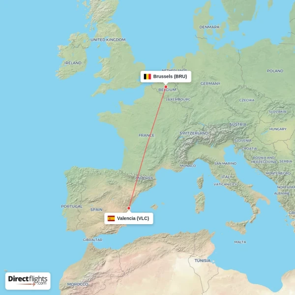 Valencia - Brussels direct flight map