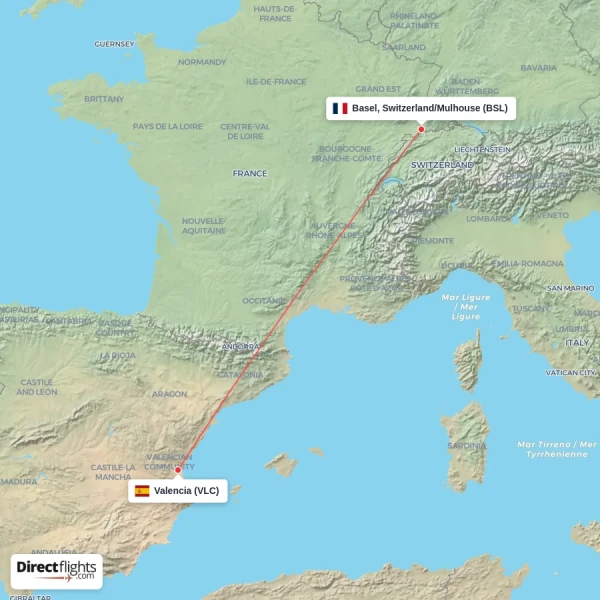 Valencia - Basel, Switzerland/Mulhouse direct flight map