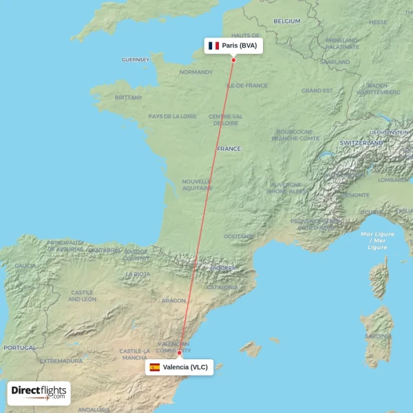 Valencia - Paris direct flight map
