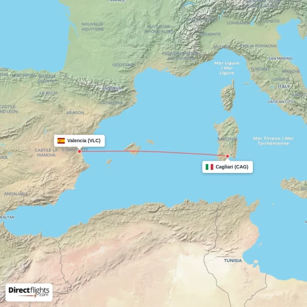 Valencia - Cagliari direct flight map