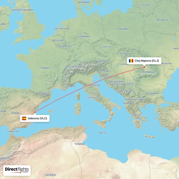 Valencia - Cluj-Napoca direct flight map